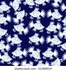 Seamless   pattern of colored fishes, spots, ellipses, doodles. Hand drawn. 