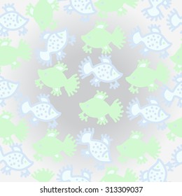 Seamless   pattern of colored fishes, spots, ellipses, doodles. Hand drawn. 