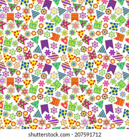 Seamless pattern of colored flags and flowers