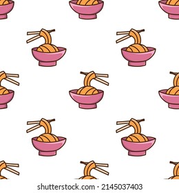 Seamless pattern with colored flat ramen bowls doodle outline vector