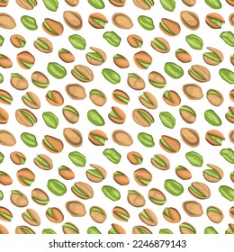 Seamless pattern with colored flat realistic pistachios nuts on white background. Salty delicious organic food nutshells, peeled. Food package, wallpapers, polygraphy, textile traditional snack