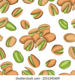 Seamless pattern with colored flat realistic pistachios nuts on white background. Salty delicious organic food nutshells, peeled. Food package, wallpapers, polygraphy, textile traditional snack