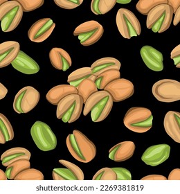 Seamless pattern with colored flat realistic pistachios nuts on black background. Salty delicious organic food nutshells, peeled. Food package, wallpapers, polygraphy, textile traditional snack