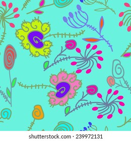 Seamless pattern of colored  floral motif, leaves, branch spots on a pale azure background. Handmade.