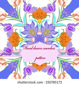 Seamless pattern of colored floral motif, tulips, leaves, label on a white background. Hand drawn.