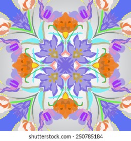 Seamless pattern of colored floral motif, tulips, leaves  on a gradient gray  background. Hand drawn.