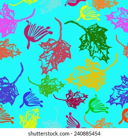 Seamless pattern of colored floral motif,maple leaves on an azure background. Handmade. Autumn theme.