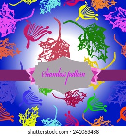 Seamless pattern of colored floral motif,maple leaves, label, text on a gradient blue  background. Handmade. Autumn theme.