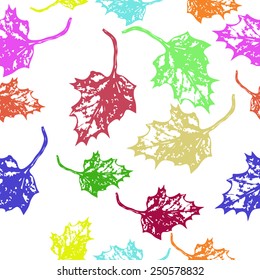 Seamless pattern of colored floral motif,maple leaves on a  white  background. Hand drawn. Autumn theme.