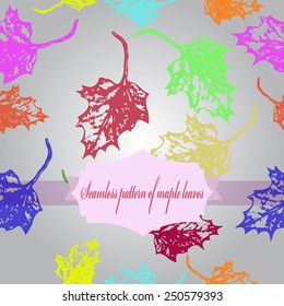 Seamless pattern of colored floral motif,maple leaves, label on a  white  background. Hand drawn. Autumn theme.