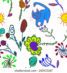Seamless pattern of colored floral motifs, cat, sun, spirals  on a  white  background. Hand drawn.