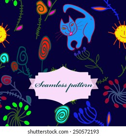 Seamless pattern of colored floral motifs, cat, sun, spirals, label on a  dark blue  background. Hand drawn.