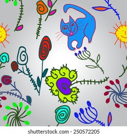 Seamless pattern of colored floral motifs, cat, sun, spirals  on a gradient gray   background. Hand drawn.