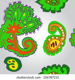 Seamless pattern of colored floral motifs on a gradient gray   background. Hand drawn.