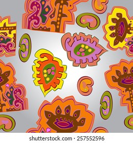 Seamless pattern of colored floral motifs on a gradient gray   background. Hand drawn. 