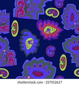 Seamless pattern of colored floral motifs on a dark blue   background. Hand drawn. 