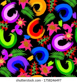 Seamless pattern of colored flowers,abstract figure and green leaves.