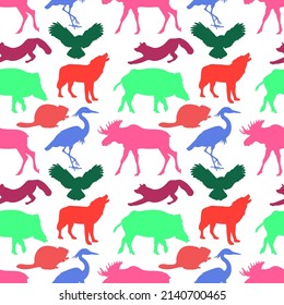 Seamless pattern with colored forest animals silhouettes. Cute background. Vector illustration EPS