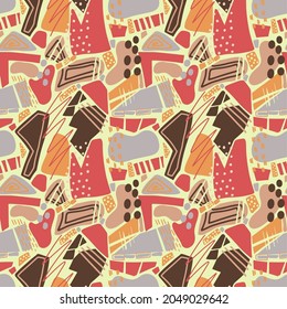 Seamless pattern of colored fragments, lines, spots. For packaging, wallpaper, fabric, textiles, printing. Vector eps10