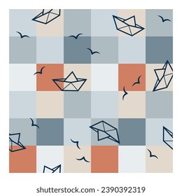 Seamless pattern with colored frames and paper boats and seagulls on the background. Vector illustration. Illustration for print, packaging, fabric.