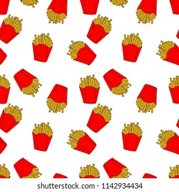 Seamless pattern of colored french fries in cartoon style. Hand drawn illustration for menu design, fabric and wallpaper