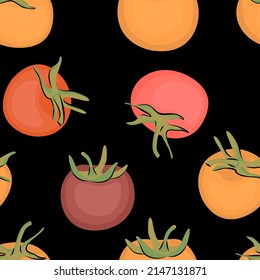 Seamless pattern with colored fruits of tomatoes on black.Simple vegetable background and texture for printing on fabrics and paper.Vector hand drawn illustration for design cards,posters,cover.