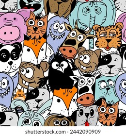 Seamless pattern of colored funny animals. Not AI, Color flat Vector illustration.