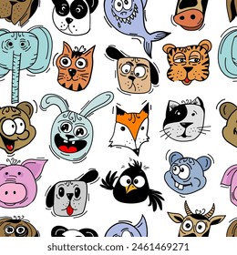 Seamless pattern of colored funny animals. Not AI, Color flat Vector illustration.