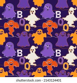 Seamless pattern with colored ghosts. Continuous one line drawing vector illustration. Halloween symbol. Can be used for wallpaper, wrapping paper, posters, banners, flyers and invitations