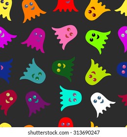 seamless pattern of colored ghosts. flat. on a gray background