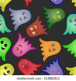 seamless pattern of colored ghosts with a gradient on a black background