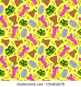 Seamless pattern with colored gift boxes on yellow background. Beautiful element for your design.