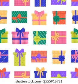 Seamless pattern with colored gift boxes with different print and bows on white background. Birthday, Christmas celebration. Vector flat illustration for wallpaper, textile, packaging