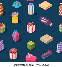 Seamless pattern with colored gift boxes. Isometric present box background. Texture for print. Editable vector illustration