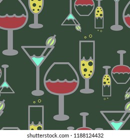 Seamless pattern with colored glasses for martini, champagne and wine on a green background.