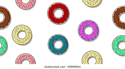 Seamless pattern with colored glazed donuts and sprinkles on white background. Different colors of frosting.