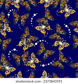 Patrón inexorable de mariposas de color y oro sobre un fondo azul para textiles y embalajes. Ilustración del vector