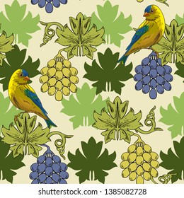 Seamless pattern with colored grapes and birds