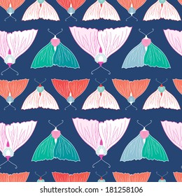 seamless pattern of colored graphics butterflies on a blue background  