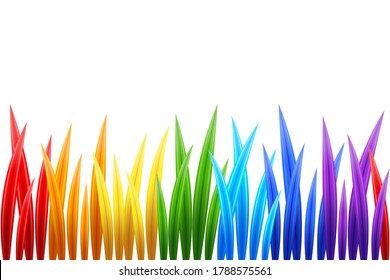 Patrón inmaculado de césped coloreado aislado sobre fondo blanco, borde decorativo de la colorida hierba de verano brillante de colores arcoiris para su diseño creativo