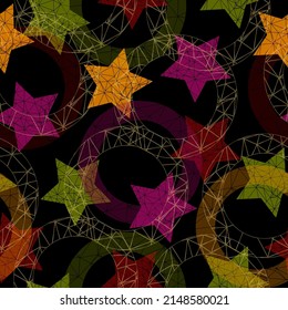 Seamless pattern with colored and grey stars.  A seamless camouflage pattern consisting of squares cut by a five-pointed star into multi-colored fragments.