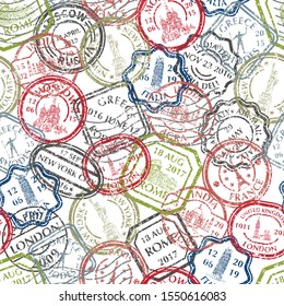 Seamless pattern from colored grungy different famous places Postal Stamps. Vector illustration