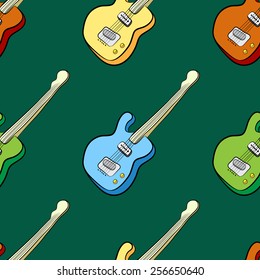 seamless pattern of colored guitar on a green background