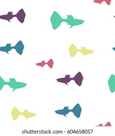 seamless pattern with colored guppy silhouettes on white background	