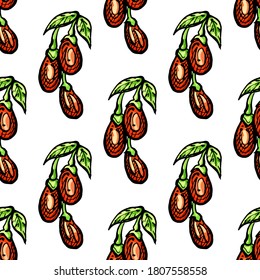 Seamless pattern with colored hand drawn goji berries on white background. Suitable for packaging, wrappers, surface and fabric design