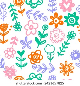 Seamless pattern colored hand drawn scribble doodles flowers