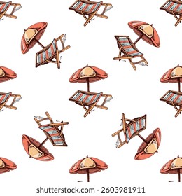 Seamless pattern with colored hand drawn beach chairs and umbrellas in vintage style
