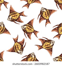 Seamless pattern with colored hand drawn tropical fish in yellow and orange colors in vintage style