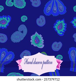 Seamless pattern of colored handmade motifs, label on a dark blue   background. Hand drawn.
