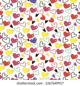 Seamless pattern. Colored hearts. Drawing in flat style. Transparent background. Vector 